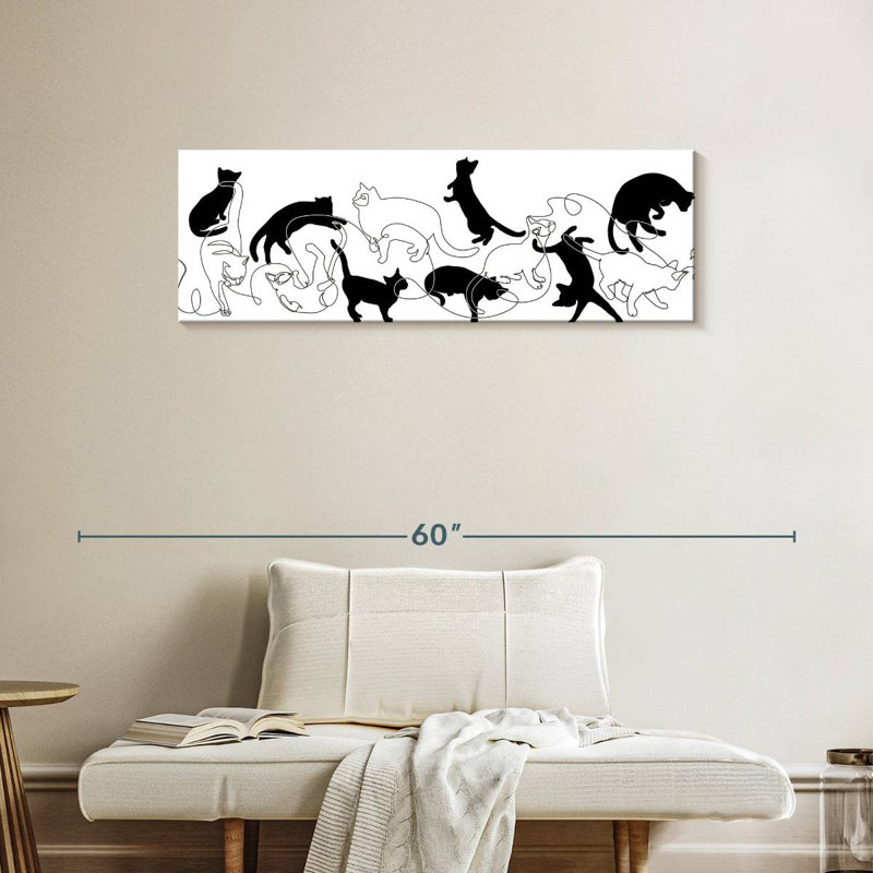 Chats noirs et blancs sur toile, H 14 po x l 42 po x P 1,25 po