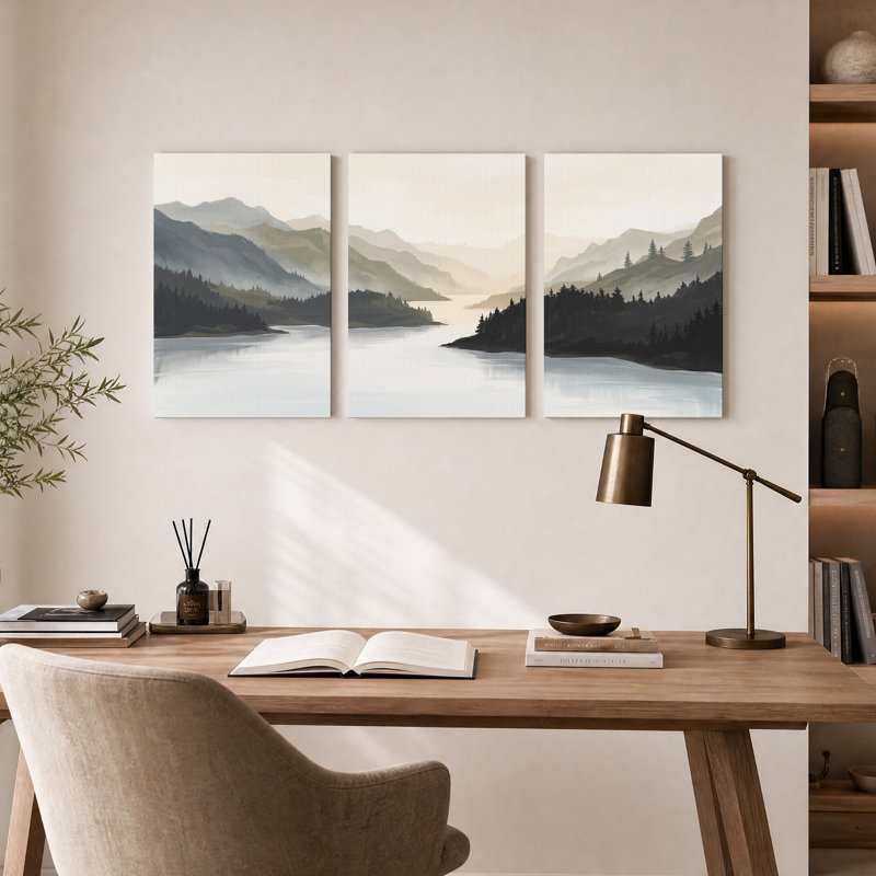 «Misty Mountain River with Pine Trees», ensemble de 3 toiles murales, H 30 po x l 20 po x 3 pièces