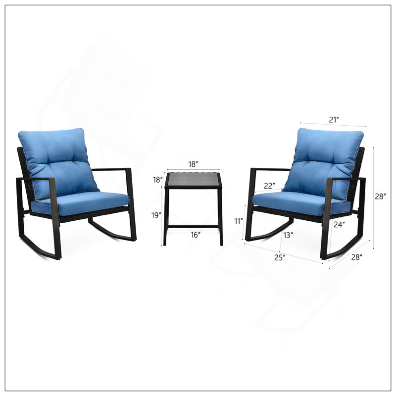 3 Pieces Patio Bistro Set Outdoor Rocking Chair W Blue Cushion For Yard Garden Poolside