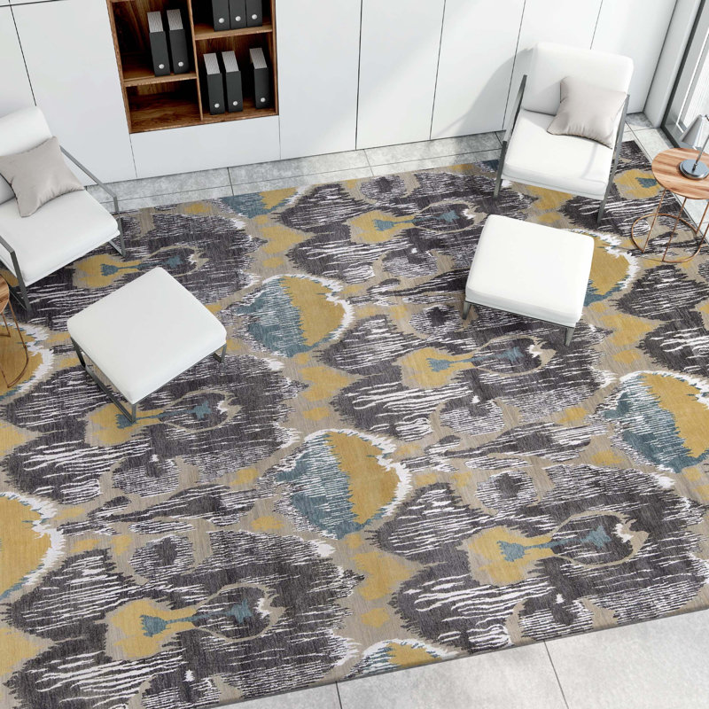 Wool Damask Area Rug in Dark Gray/Yellow