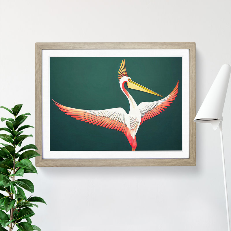 Retro Pelican - Single Picture Frame Painting, 46cm H x 64cm W x 2cm D, Oak Framed