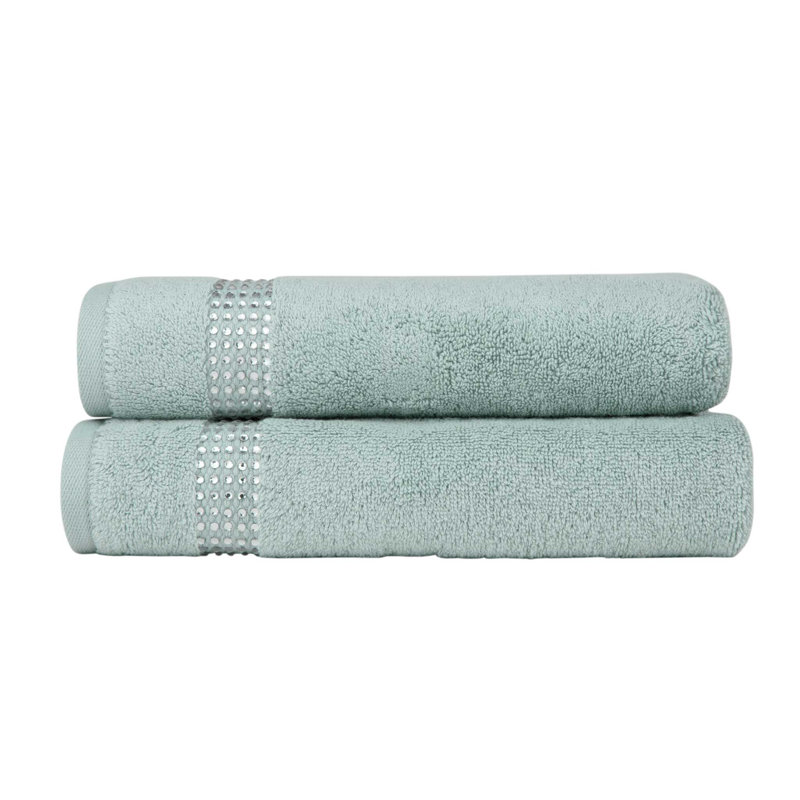 Sparkles Home Stripe Rhinestone Hand Towel Set of 2 | 100% Turkish Cotton Terry | Machine Washable, Aqua Blue