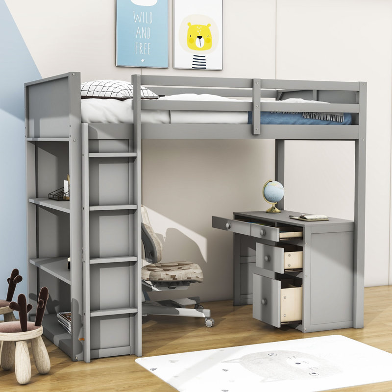 Goitzen Kids Loft Bed with Drawers, Gray, Twin