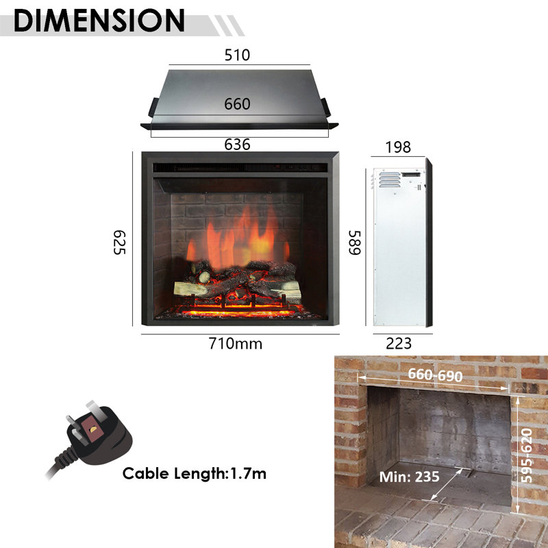 FLAMME Wembury Electric Fireplace, Crackling Sound Effects 2kW Heater, Remote, Suitable for Media Wall or Mantel Surround