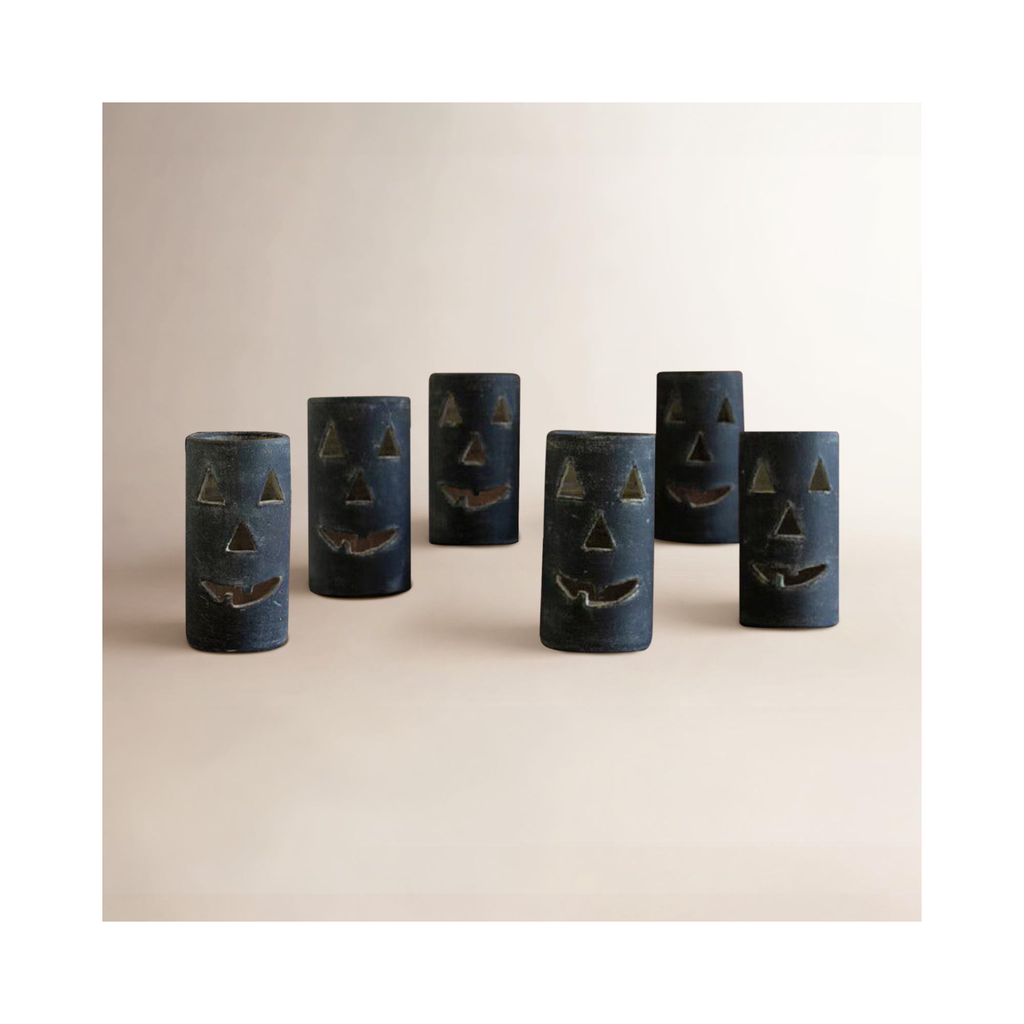 SHORT BLACK CLAY JACK-O-LANTERN, 8" H x 4" W x 4" D