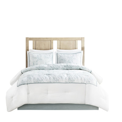 King Bedding - 100% Cotton, White With Sand Dollar Design, , Includes 2 Oversized Shams Dark Blue Embroidery,