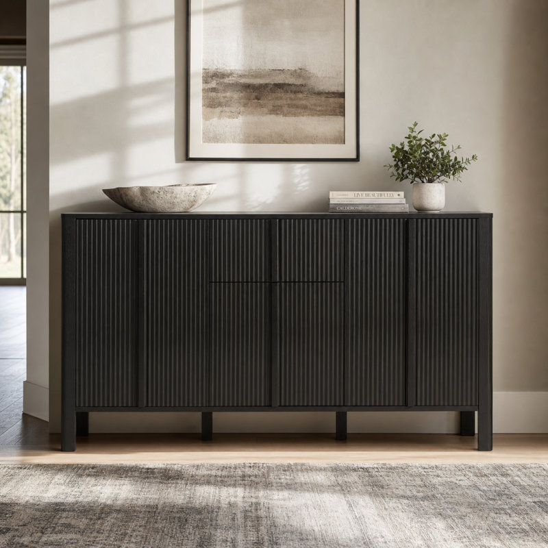 Buffet de rangement Mid-Century cannelé avec 3 portes et tiroir Walcott, Noir
