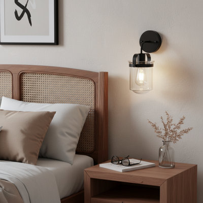 1-Light Dimmable Matte Black Armed Sconce With Clear Glass Shade (Bulb Not Included)