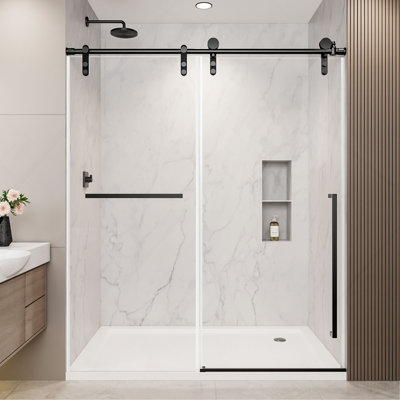 Écran de porte de douche coulissante sans cadre de 56 à 60 po x H 75 po, verre trempé transparent de 5/16 po (8 mm) avec film antidéflagrant