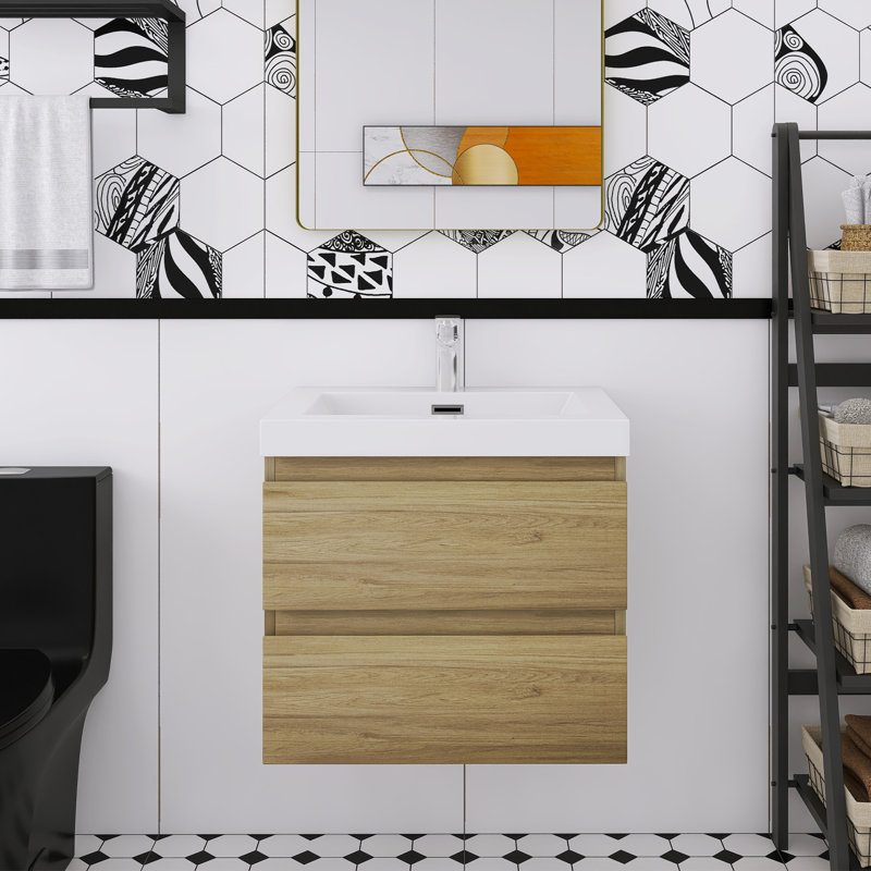 24" Floating Wall-Mounted Glossy Black Bathroom Vanity Resin Sink With Square Basin & Soft-Close Drawers, Natural Oak