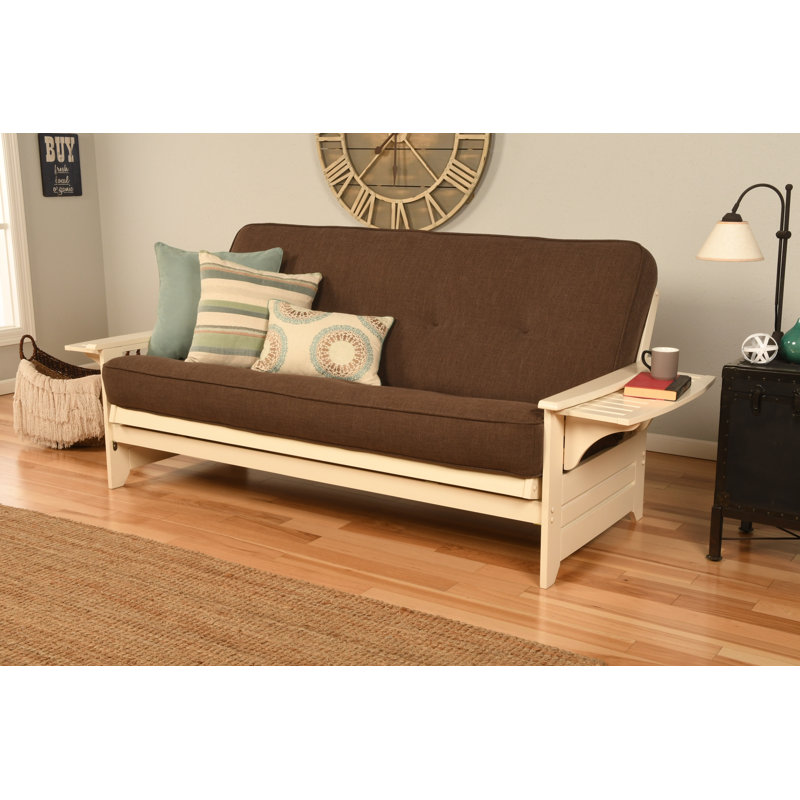 Johnte 82'' Wide Full Futon And Mattress, Antique White, Linen Cocoa Microsuede, Premium Pocket Coil