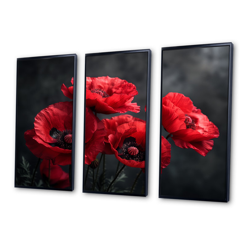Coquelicots rouges et noirs, monochrome, charme III - ensemble d'art mural coquelicots, Toile avec cadre flottant noir