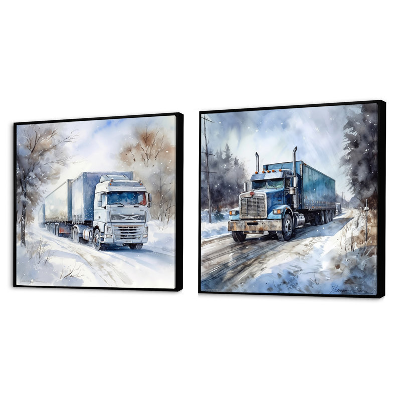 Charme de remorque de camion en hiver - ensemble de 3 collages carrés, Cadre flottant noir, H 16 po x l 33 po