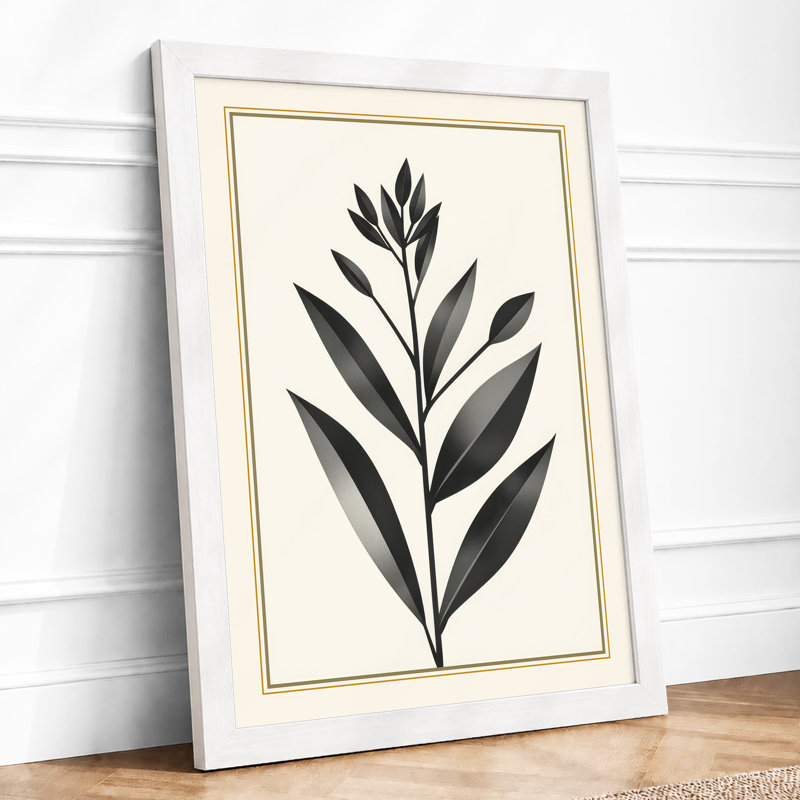 Single Stem in Charcoal Botanical - Framed Print, A3 - 42.0 x 29.7 cm, White