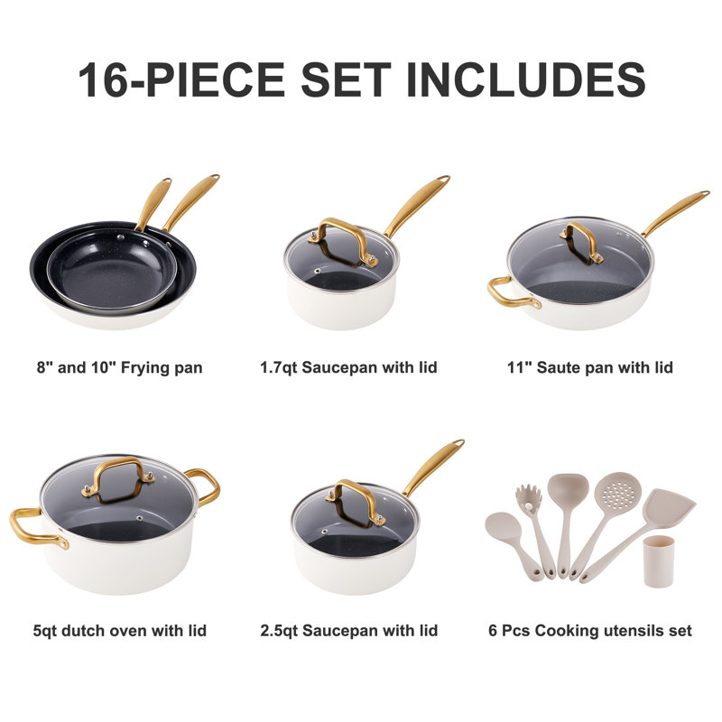 UKWF002 16 - Piece Non-Stick Ceramic Cookware Set, Black/White