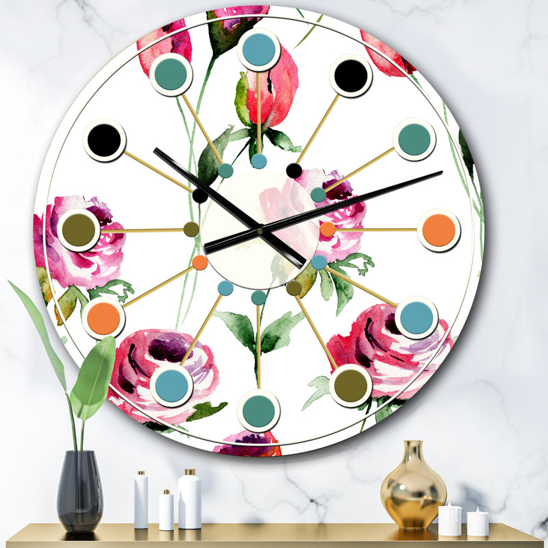 Motif de fleurs roses - horloge murale moderne Mid-Century, Petit
