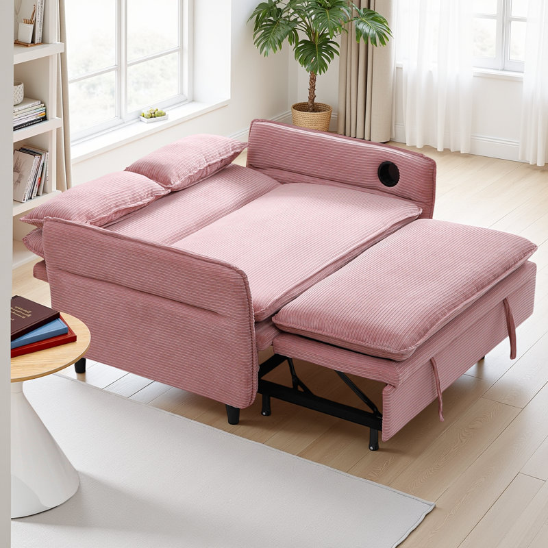 Multi-Functional 65.7" Adjustable Sofa Bed with Pull-Out Sleeper, 2 Soft Pillows and 2 Cup Holders, Pink
