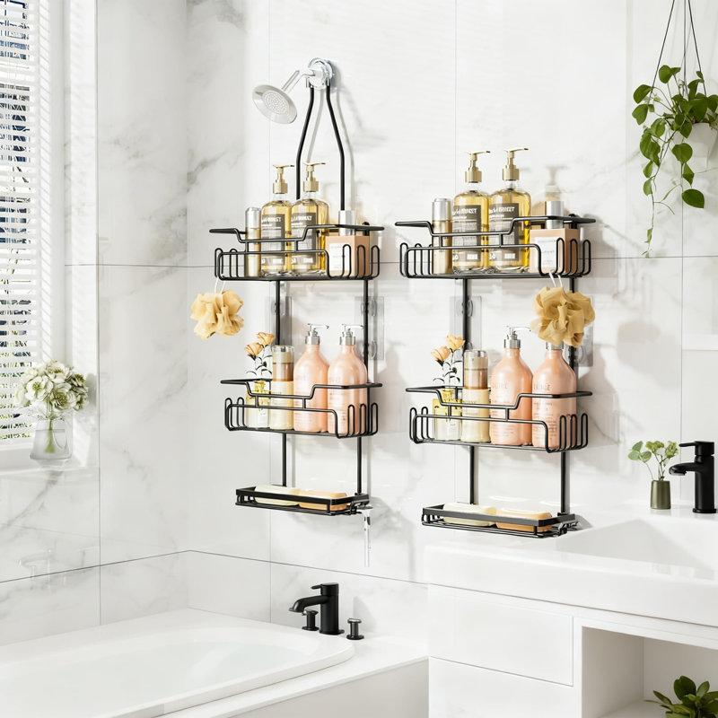 3-Tier Hanging Shower Caddy Organizer With Soap Holder & 16 Hooks, Rustproof Stainless Steel Over Shower Head Bathroom Storage Rack, Black