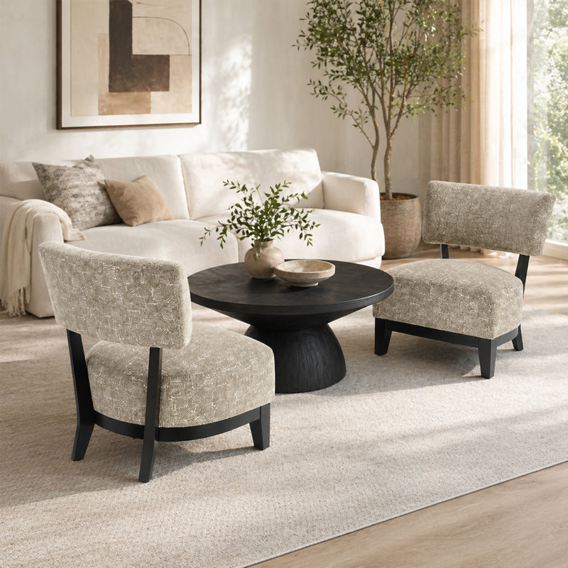 2-Pieces Subtle Abstract Textured Fabric Accent Chair, Beige