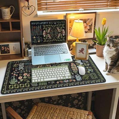 Floral Desk Pad Mat, Large Mouse Pad, Desk Matt for Desktop, Anti-Slip Big Mousepad with Stitched Edges for Computer Keyboard (Black), 11.81*27.56inch