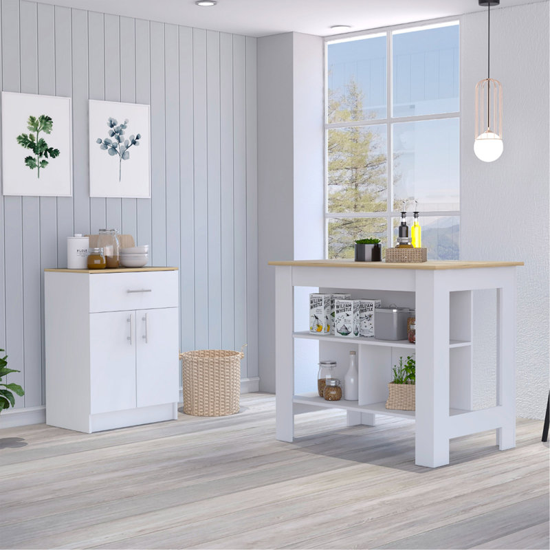 2 Piece Kitchen Set, Kitchen Island + Pantry Cabinet, Natural/White