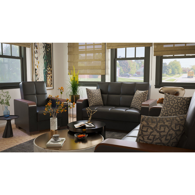Collection Upholstered Convertible Wood Trimmed Sofabed With Storage