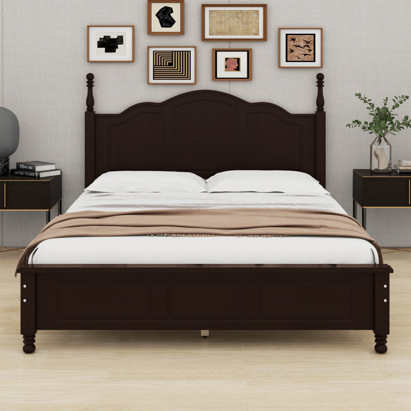 Structure de lit plateforme en bois, lit plateforme de style rétro avec support en lattes de bois, Noyer foncé