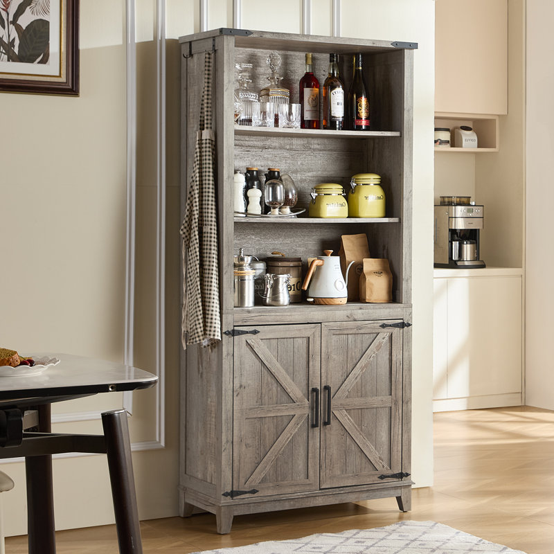 70in Tall Bookshelf 5 Tier Bookcase with Barn Doors and Adjustable Shelves,Farmhouse Book Shelf with Storage Cabinet,Wood Freestanding Display Bookshelves for Bedroom, Living Room