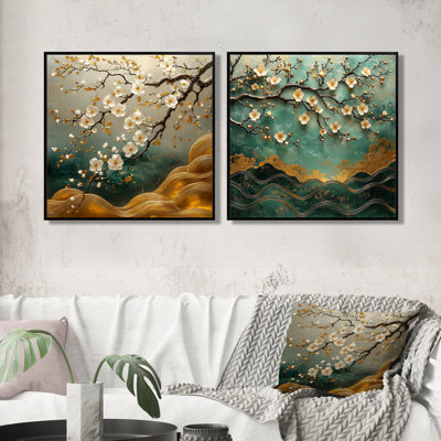 Or avec mélange de cerisier vert I - art mural cerisier en fleurs - art mural traditionnel sur toile 2 pièces