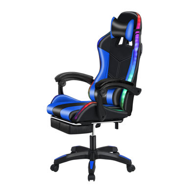 Fauteuil de jeu, fauteuil d'ordinateur de bureau avec repose-pieds et support lombaire, similicuir respirant, support lombaire et appui-tête, fauteuil pivotant à 360 degrés avec dossier ergonomique réglable pour adultes (bleu)