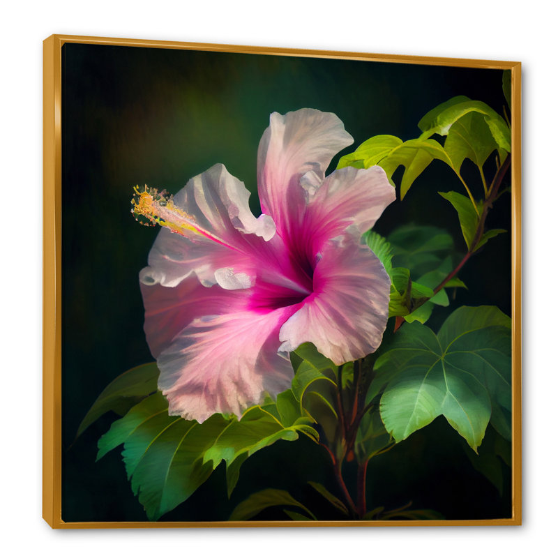 Blooming - Hibiscus rose et blanc III - impression, H 24 po x l 24 po x P 1 po, Toile avec cadre flottant or