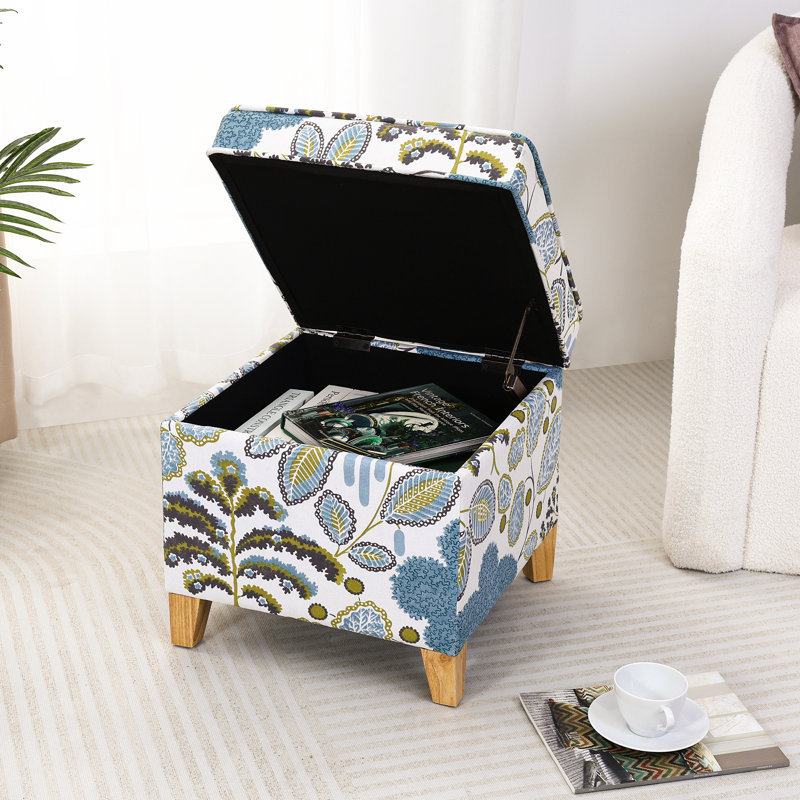 Square Botanical Print Upholstered Storage Ottoman, Blue Leaf Pattern