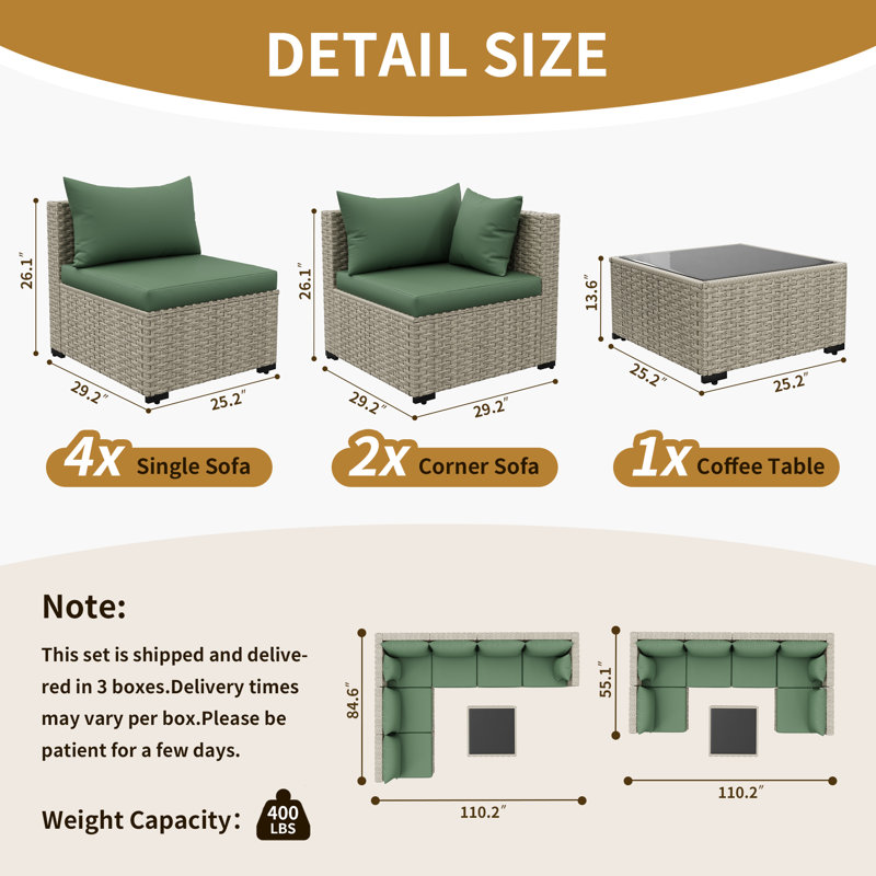 7-Piece Patio Conversation Set with Coffee Table and Cushions, Green, Gray