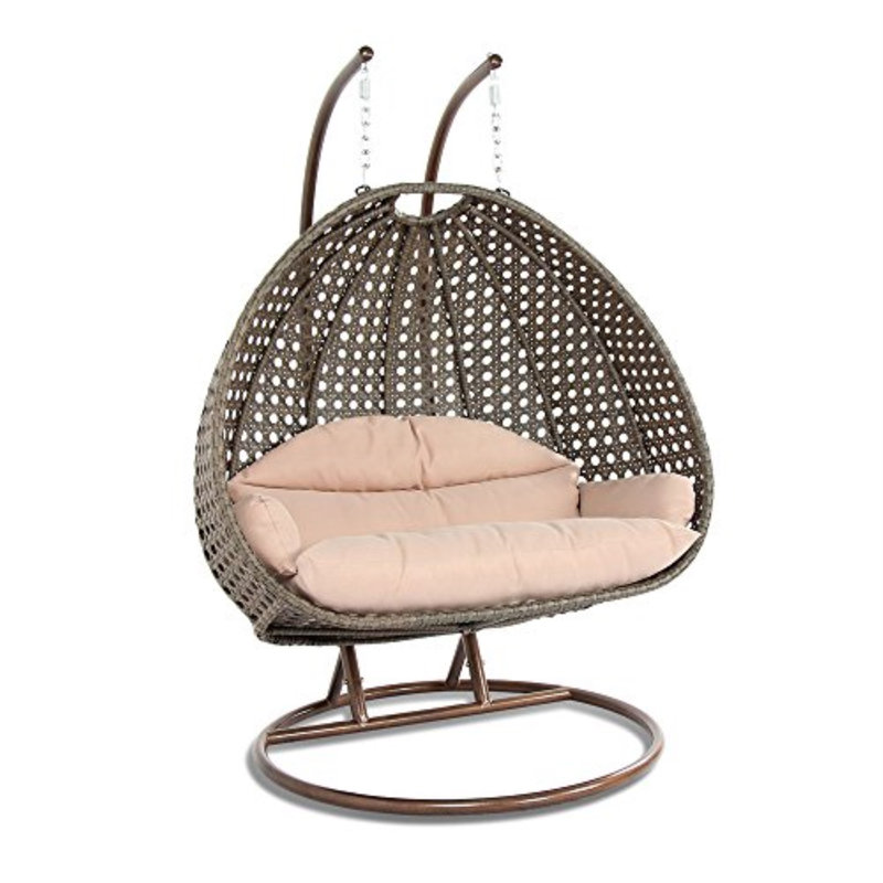 Fauteuil à œufs suspendu pour 2 personnes avec support LeisureMod, chaise de balançoire double pour patio intérieur et extérieur, fauteuil en osier robuste avec coussin résistant aux intempéries et housse imperméable pour la cour, le porche et la terrasse