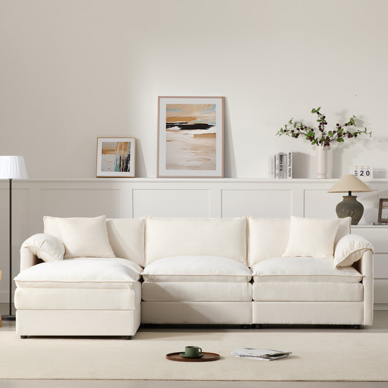Chenille Modular Sectional Sofa, Cream Chenille, 33" H x 103.5" x 64.5" D
