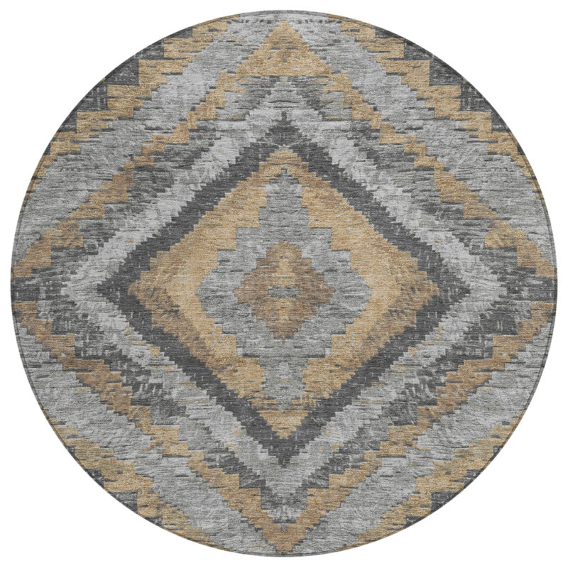 Machine Washable Indoor/Outdoor Xhevrie Khaki Rug, Round 8' x 8'