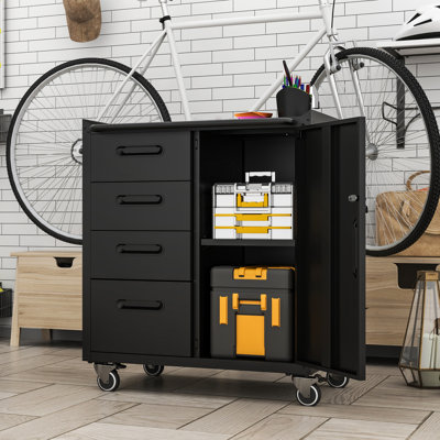 Armoire en métal robuste pour outils - H 34,71 po x l 28,68 po x P 16,31 po noir / gris avec roues et tiroirs verrouillables Robuste zone de rangement Poignées ergonomiques Garage, bureau, maison
