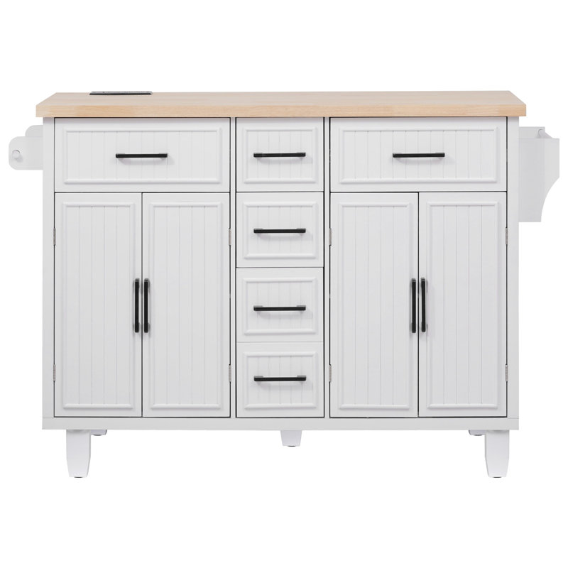56.5" W Kitchen Island with Drop Leaf and Built-In Charging Station , 36'' H X 56.5'' W X 29.5'' D, White