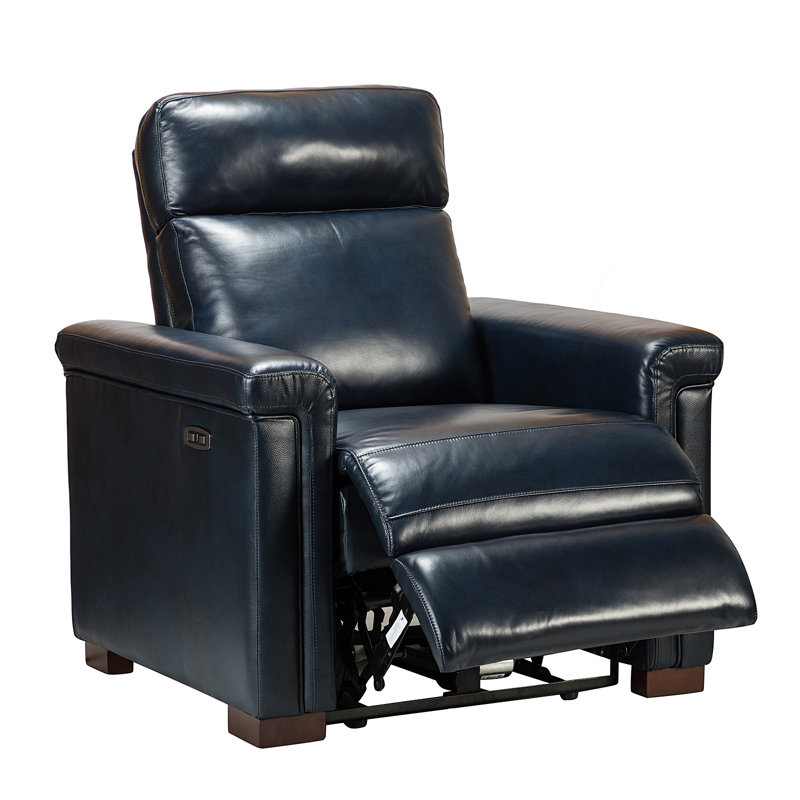 Westdale 36.02'' W Genuine Leather Power Standard Recliner with Solid Wood Legs, Navy