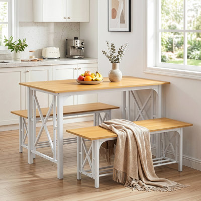 3-Piece Dining Table Set with 2 Benches, 47" Space-Saving Farmhouse Table for 4