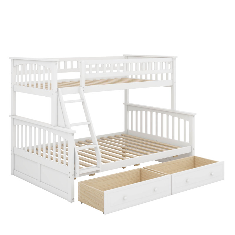 Lit simple superposé au dessus d'un lit double avec tiroirs, lit superposé en bois convertible avec échelles et deux tiroirs de rangement