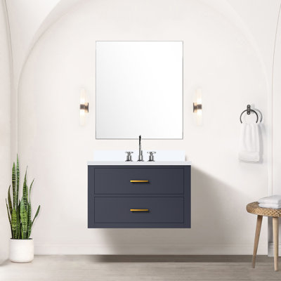 Meuble-lavabo bleu 30 po L 22 po x P - Comptoir en marbre de culture, miroir 28 po, fermeture en douceur, armoire en bois massif simple incluse