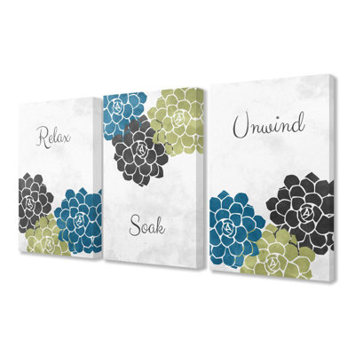 «Relax Soak Unwind Bathroom Flower Word Designs», ensemble de 3 impressions sur toile