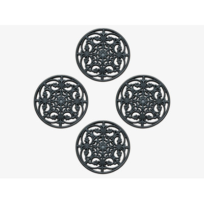 Tapis de marche rond en pierre naturelle Drona 4 pièces, motif cachemire noir, 12 po x 12 po