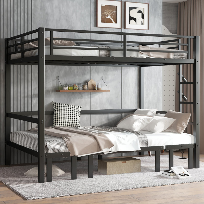 Black Metal Pull-Out Bunk Bed with Safety Rails, Lower Bunk Pulls Out in Three Sections for Flexible Seating and Sleeping