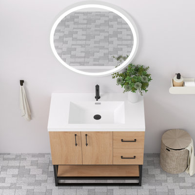 36" Freestanding Single Bathroom Vanity With Resin Sink Top And Black Metal Frame