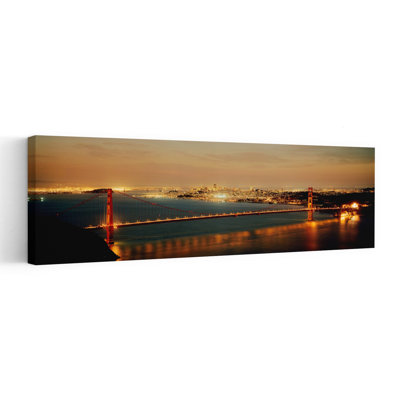 Suspension Bridge Lit Up At Dusk, Golden Gate Bridge, San Francisco Bay, San Francisco, California, Usa Abstract Modern Architecture City Wall Art