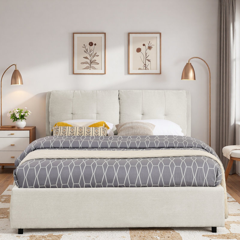 Chenille Platform Bed With Hydraulic Storage System And Upholstered Headboard, Beige, Queen