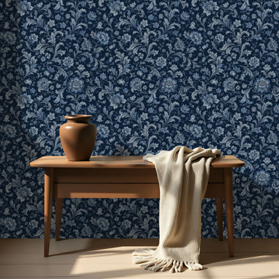 Papier peint auto-adhésif à motif de fleurs bleues rétro avec feuilles foncées auto-adhésives et amovibles 17,7 po x 118 po (45 x 300 cm)