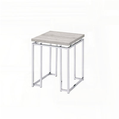 Contemporary Square End Table - Natural Oak & Chrome Finish, Metal Sled Base